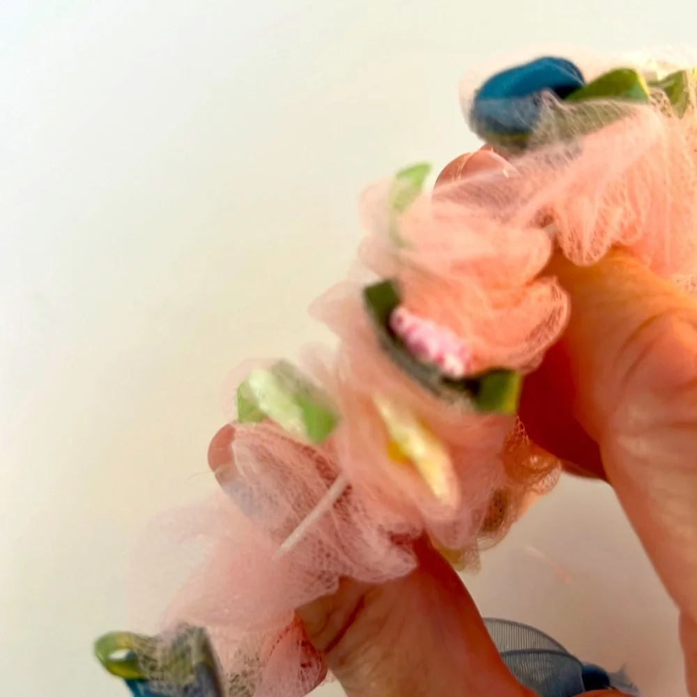 NWT Handmade Unique Mesh & Miniature Floral Scrunchie Artisan Aspen Accessory